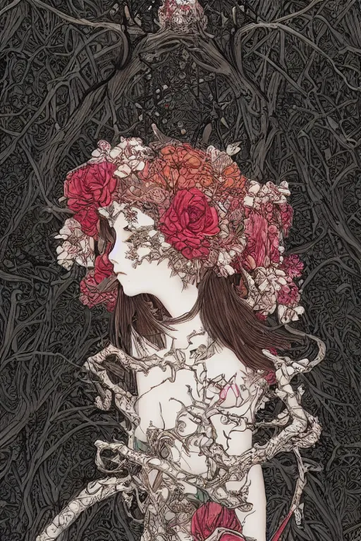 Image similar to m elf in a closed helmet-skull in a dress consisting of flowers. masterpiece 4k digital design by Takato Yamamoto, award winning, Artstation, Takato Yamamoto aesthetic, Neo-Gothic, gothic, forest on background, intricate details, realistic, hyperdetailed, 8k resolution