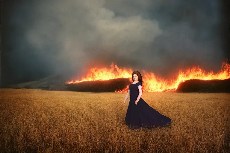 Image similar to a cinematic headshot portrait of a frozen middle aged woman stood in a field, field on fire, ultra realistic, depth, beautiful lighting, by annie leibovitz