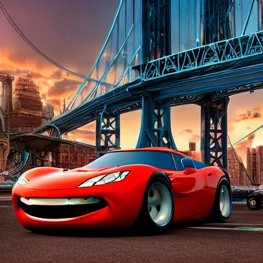 Image similar to Cars movie characters in real life, realistic photo, f/1.8 cinematic HDR lens