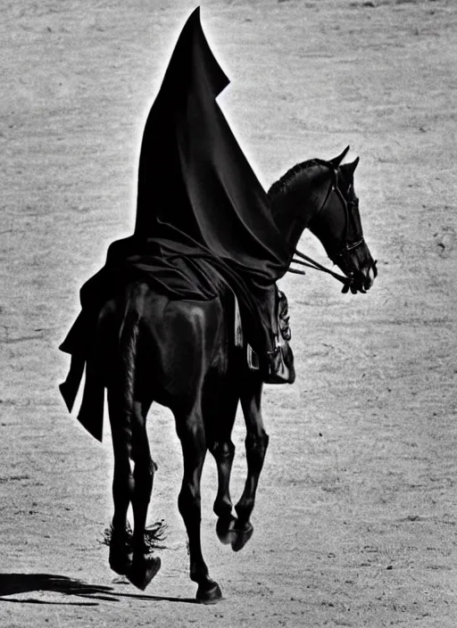 Prompt: A tall and evil shape, mounted upon a black horse… The rider was robed all in black, and black was his lofty helm metal helmet lotr