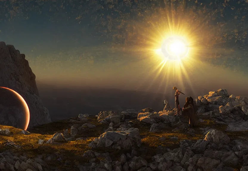 Prompt: fully photorealistic eclipse at sunrise on a mountaintop, distant glowing figures, crystalline masterpiece diamond incrustations, art by john collier, albert aublet, artem demura, alphonse mucha, sharper luminescent focus, nd 6, hdr, movie still, cinematic diffuse lighting, artstation, textless, sharp focus