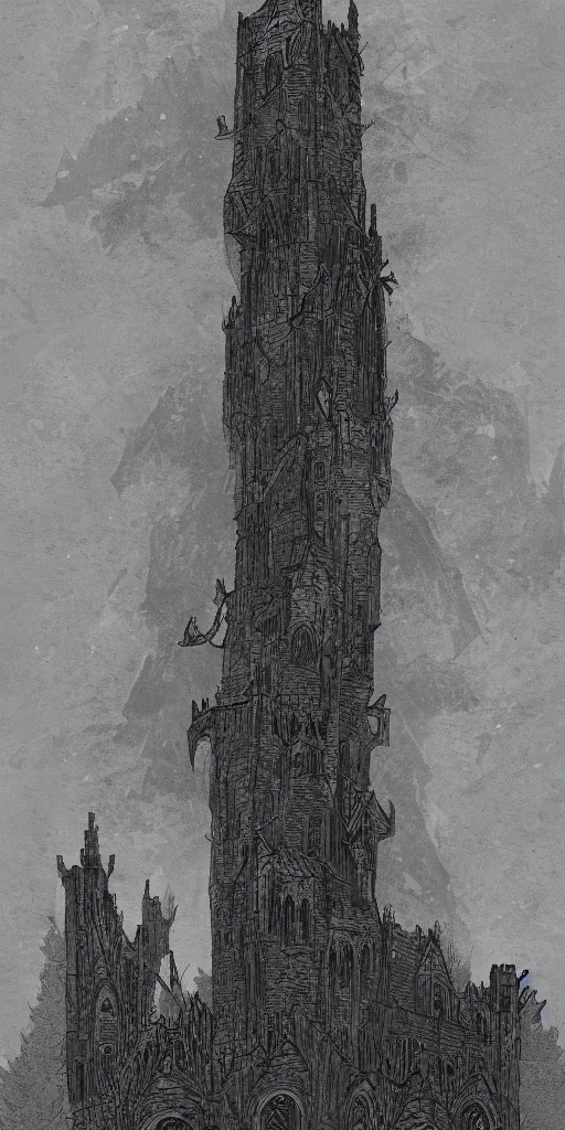 Prompt: lord of the rings tall medieval tower of dark stone on a castle on a hill. stone ruins at the bottom. a dark forest around. illustration on artstation