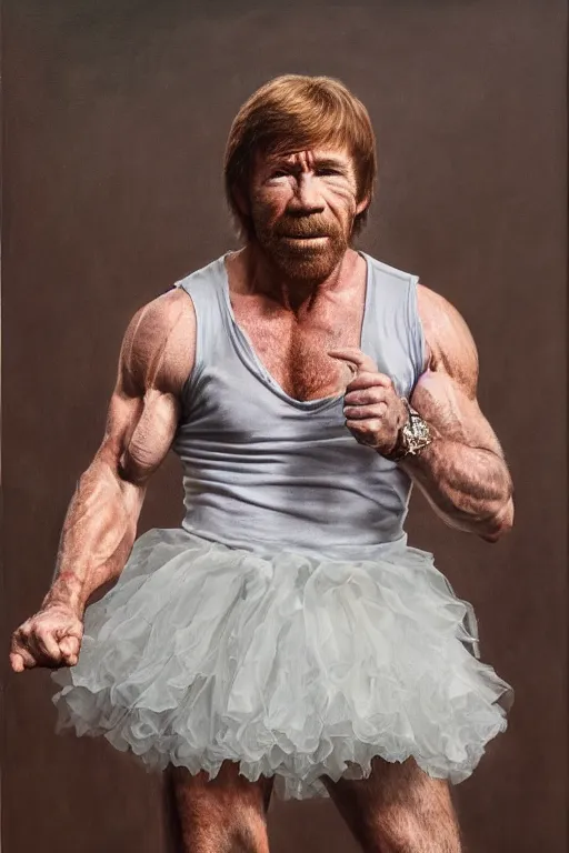 Prompt: a full body picture of Chuck Norris wearing a tutu, oil on canvas, intricate, portrait, 8k highly professionally detailed, HDR, CGsociety