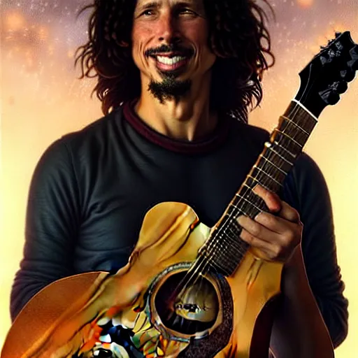 Image similar to portrait painting of chris cornell playing guitar in heaven, happy smile on his face, ultra realistic, concept art, intricate details, eerie, highly detailed, photorealistic, octane render, 8 k, unreal engine. art by artgerm and greg rutkowski and magali villeneuve and alphonse mucha