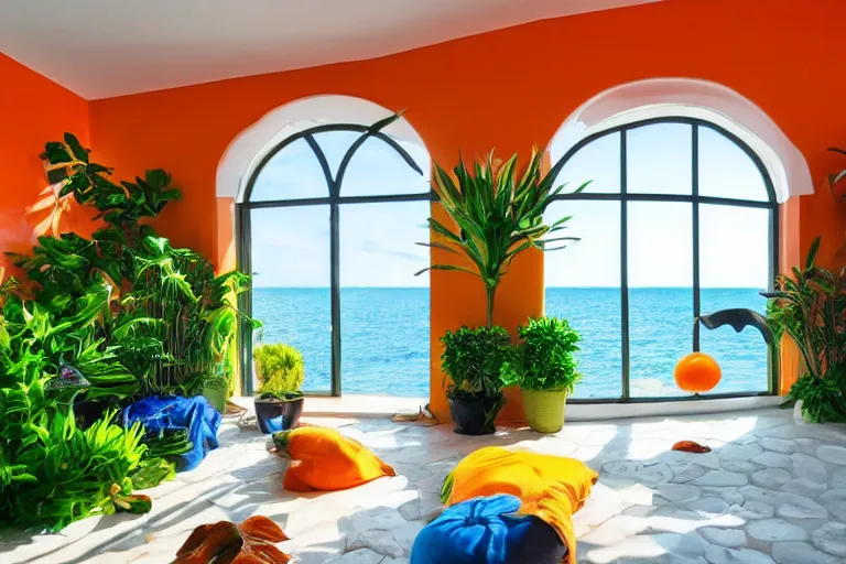 Image similar to a room of a villa with orange walls white floor plants, colorful aquarium, a big window with a view of the beach and sea, beautiful cinematic masterpiece very detailed