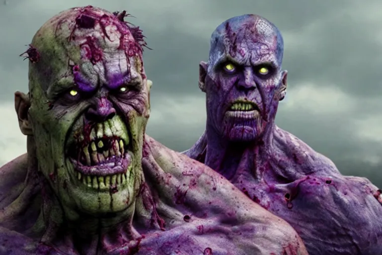 Image similar to film still of zombie zombie Thanos as a zombie in new avengers movie, 4k