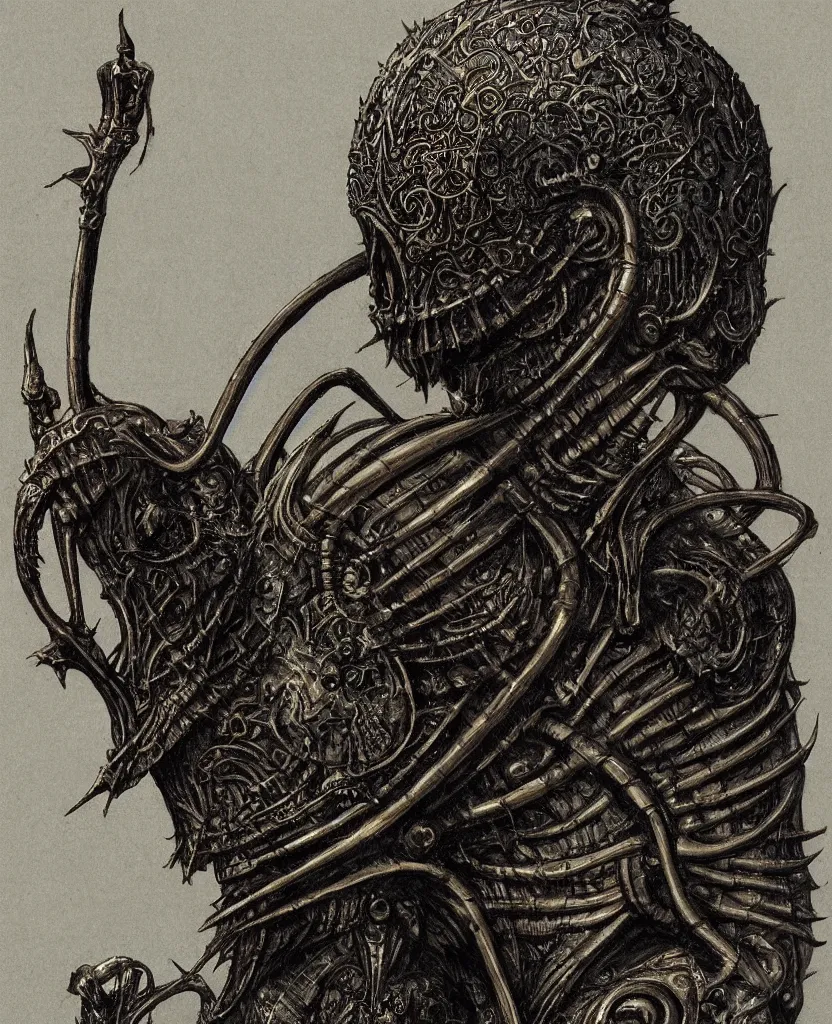 Prompt: a filigree ornamental medieval iron and black bronze helmet with skeletal features and short spikes, art by (((wayne barlowe))), hr giger, hedi xandt, foggy, dimly lit, artstation, concept art,