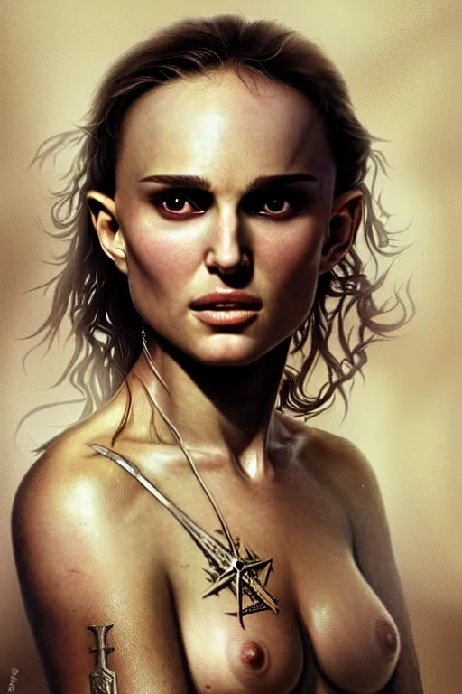 Prompt: natalie portman, battle warrior, lord of the rings, tattoos, decorative ornaments, by carl spitzweg, ismail inceoglu, vdragan bibin, hans thoma, greg rutkowski, alexandros pyromallis, perfect face, fine details, realistic shading, photorealism