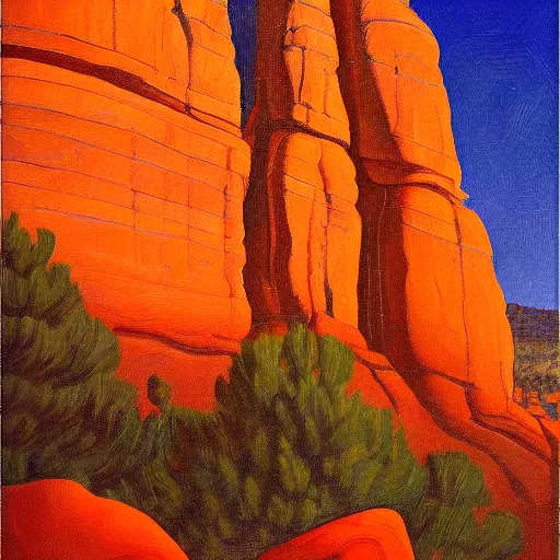 Image similar to sedona's cathedral rock bluff, oil painting at twilight, intricate lines, elegant, extreme detail, smooth, sharp focus, art by vermeer and edward church