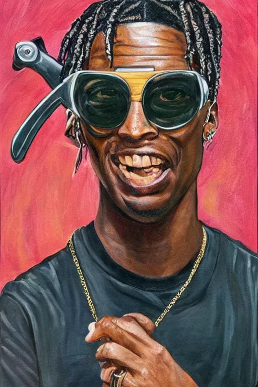 Prompt: travis scott with sunglasses holding a sword, painting, beautiful, thick lines