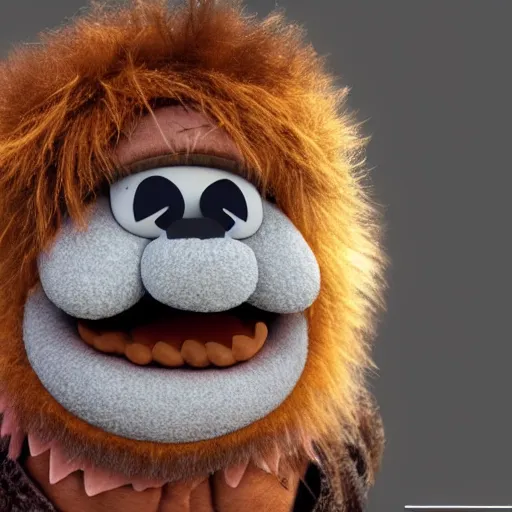 Image similar to a still of a forgotten muppet character looking very manly and modern, hilarious, laughing, hairy chest, huge chin, manly monster tough guy, roughled fur, photo real, photographic, photograph, artstation, trending, featured