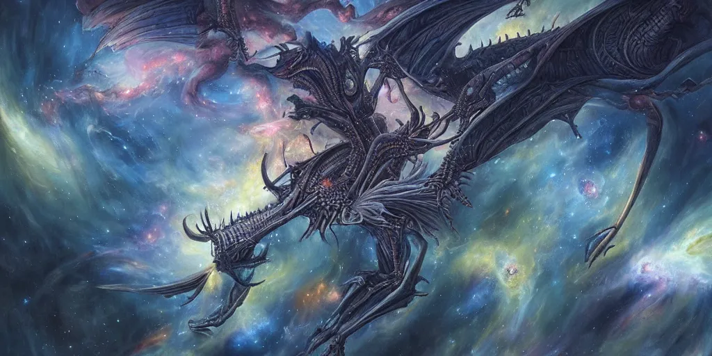 Prompt: an alien dragon flying through outer space, epic nebula, style of dan seagrave art