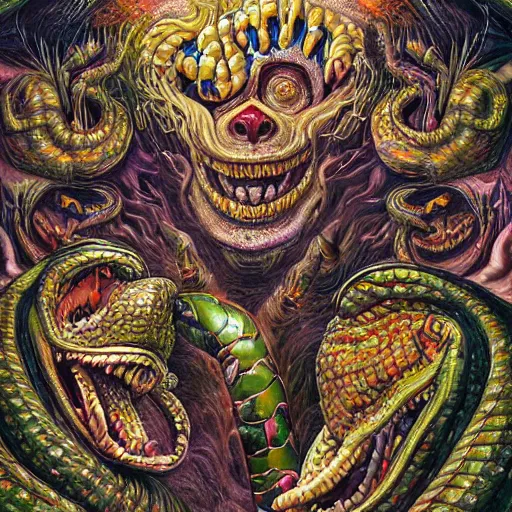 Image similar to a hyper - detailed high painting of giant heads joined by snakes, the heads are open they have spiked scales and sharp teeth, the mouth is open and monstrous beings of all kinds run and scream, psychedelic horror surreal art cosmic horror weird bizarre art