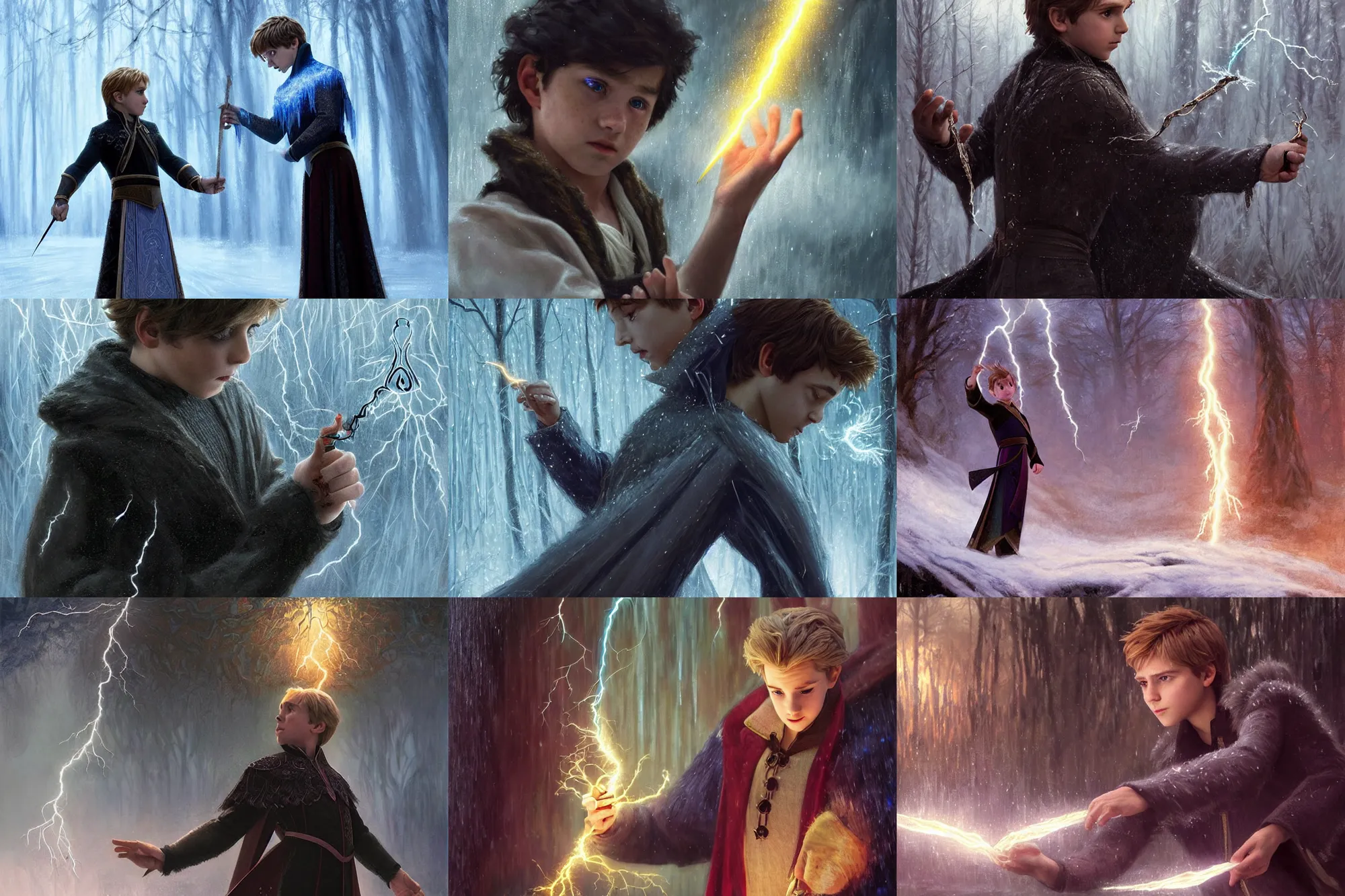 Prompt: young male magician casting a lightening spell, Frozen II Klaus film movie still, movie screen shot, fantasy, intricate, elegant, highly detailed, digital painting, artstation, concept art, smooth, sharp focus, illustration, art masterpiece by art by Krenz Cushart and Artem Demura and alphonse mucha, ArtGerm, Jon Lothian, Danilo Torres, Adi Meyers, Thomas Reimann, Gaston Bussiere