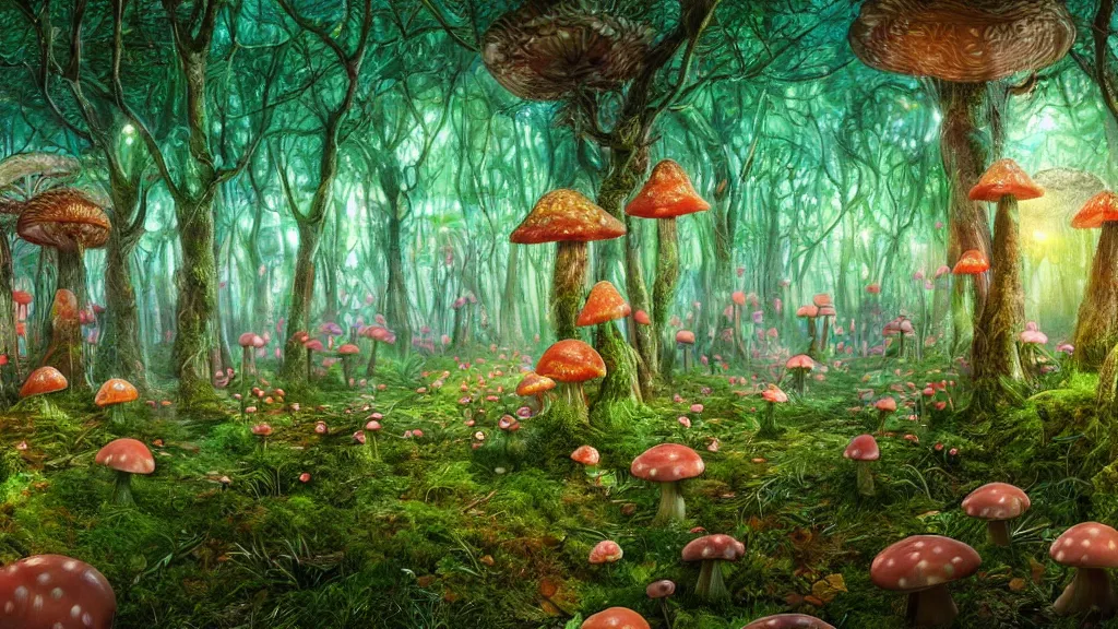 Image similar to exploring a mushroom forest, 8k, acid trip, hall of mirrors, ultra detailed, a hyperrealistic image of a mycelium forest with neon glowing mushrooms, with magical creatures, by tian gan, trending on patreon, artstation, deviantart. Unreal engine