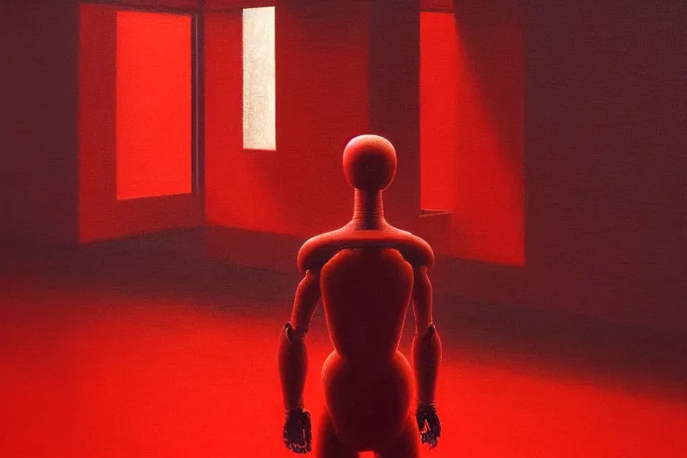 Image similar to only with red, a red samurai humanoid, tokio futuristic in background, yokai, in the style of beksinski, parts by edward hopper, parts by rodcenko, parts by yue minjun, intricate and epic composition, red by caravaggio, insanely quality, highly detailed, masterpiece, red light, artstation, 4 k