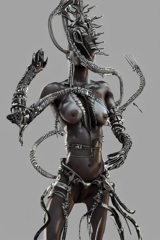 Prompt: epic 3 d oxaguian, african deity, liquid hands and feet spinning, 2 0 mm, with white and silver swords melting smoothly into asymmetrical cables and technology, liquid, fierce, intricate, houdini sidefx, trending on artstation, by jeremy mann and ilya kuvshinov, jamie hewlett and ayami kojima, 3 d render