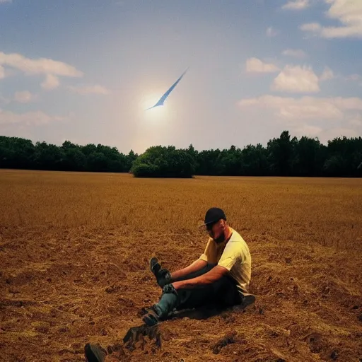 Image similar to man working in the field taking a break and looking at the blazar in the sky