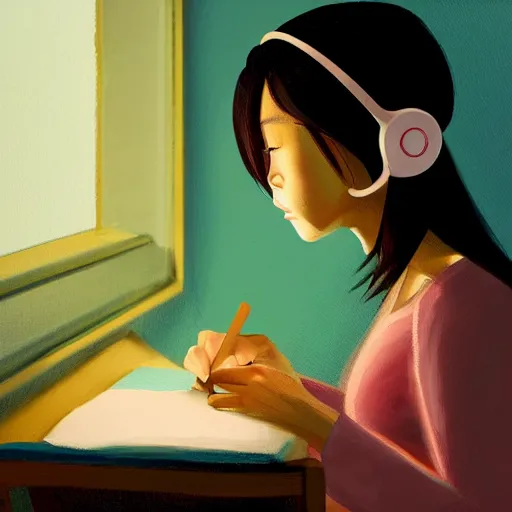 Image similar to An expressive Lo-fi style painting of a Korean girl sat writing in a journal while wearing headphones illuminated by a desk lamp and neon lights, in the background is a window overlooking a rainy night-time city, with a cat resting on the window cill, a relaxed and dreamy atmosphere, highly atmospheric with dynamic lighting, highly detailed, 8K