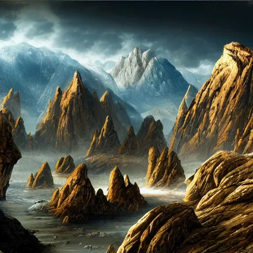 Image similar to The Sci-Fi stone landscape with mountains in the background, fantasy wallpaper, painted, 4k, high detail, sharp focus