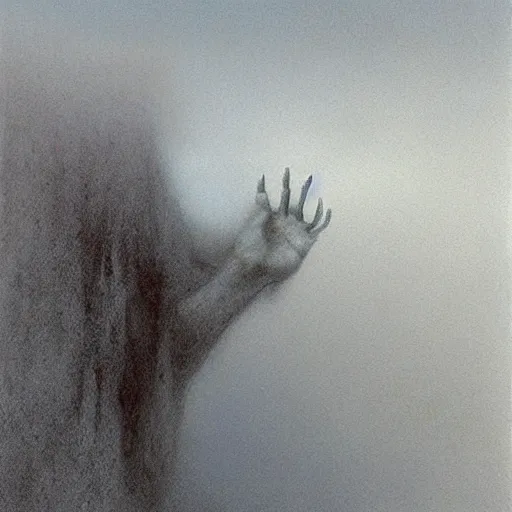 Prompt: hand reaching out of thick fog, zdzislaw beksinski