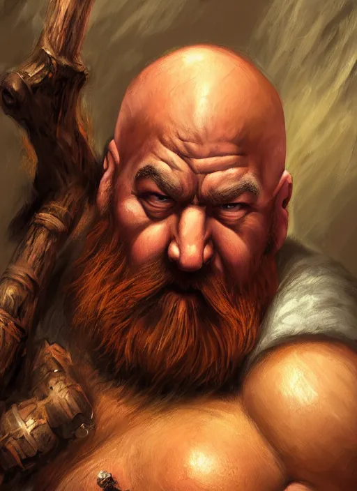 Image similar to Bald Angry Dwarven Monk with a red beard, muscular, holding a stick, Ivan Aivakovsky, Boris Vallejo, epic fantasy character art, D&D Concept Art, full length, Realistic, Regal, Refined, Detailed Digital Art, Oil Paining, Exquisite detail, post-processing, masterpiece, Cinematic Lighting, Unreal Engine, 8k, HD