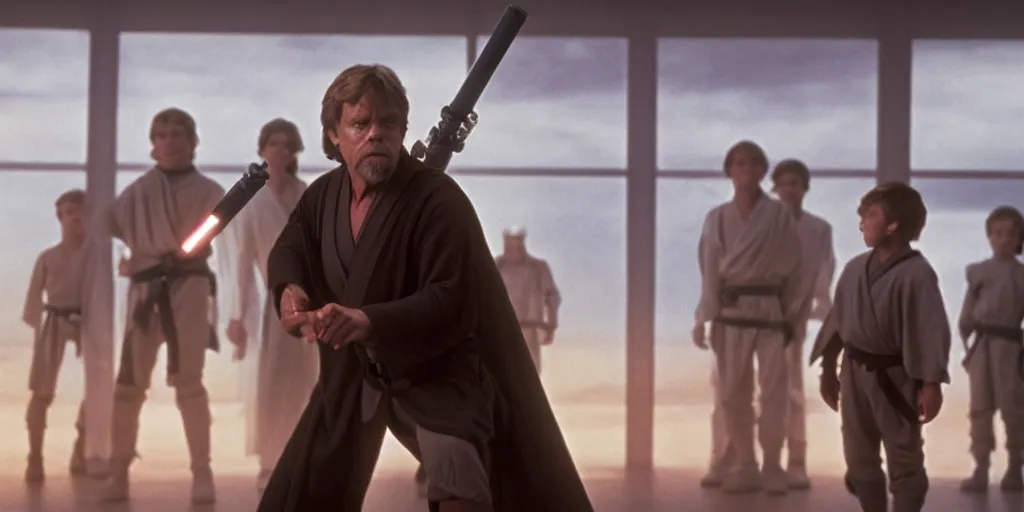 Image similar to A still of Mark Hamill as Jedi Master Luke Skywalker training a room full of young Jedi padawans, with large windows showing a sci-fi city outside, at dusk at golden hour