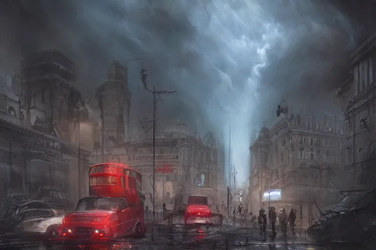 Prompt: the post-apocalyptic streets of London during a heavy thunderstorm, concept art, hyperdetailed, trending on artstation