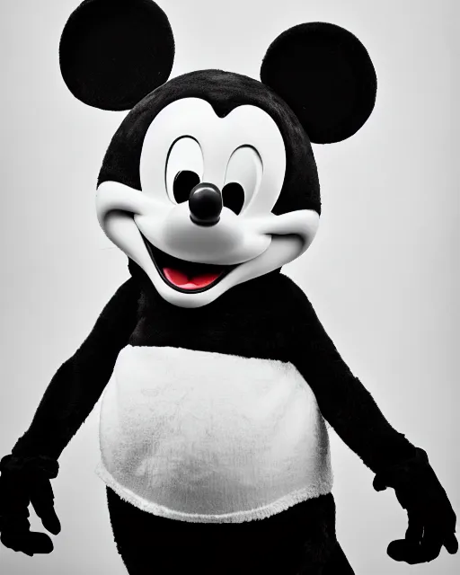 Prompt: A black-and-white studio portrait of a happy-looking Mickey Mouse in the style of a horror movie; bokeh, 90mm, f/1.4