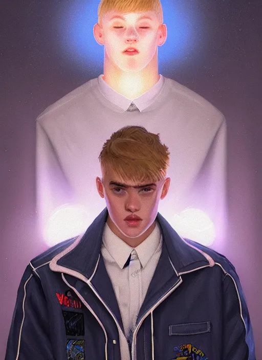 Image similar to portrait of high school senior boy named big moose, blonde short hair, jock, beefy, wide face, square jaw, square facial structure, blue varsity jacket with his name, intricate, elegant, glowing lights, highly detailed, digital painting, artstation, concept art, sharp focus, illustration, art by wlop, mars ravelo and greg rutkowski