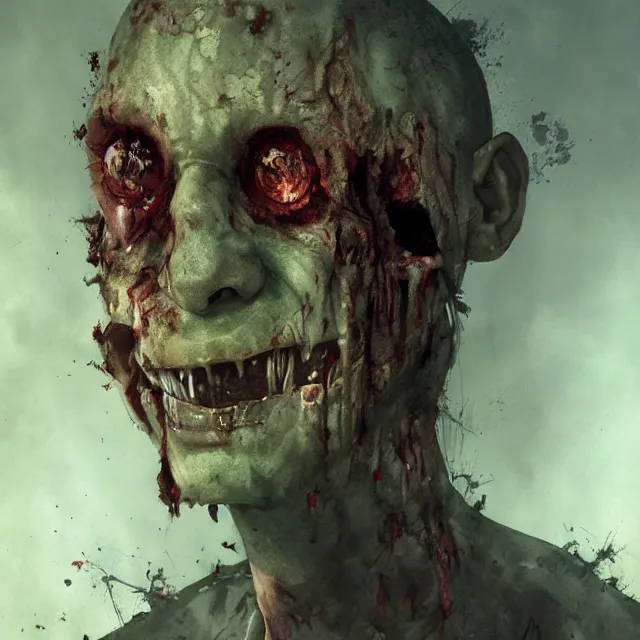 Image similar to hyper realistic photo portrait decayed smiling zombie cinematic, greg rutkowski, james gurney, mignola, craig mullins, brom redshift, vray, octane