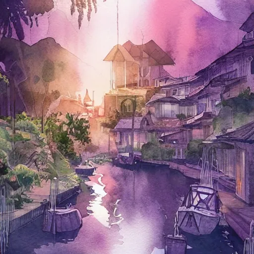 Image similar to Beautiful happy picturesque charming sci-fi town in harmony with nature. Beautiful light. Water and plants. Nice colour scheme, soft warm colour. Beautiful detailed watercolor by Lurid. (2022)