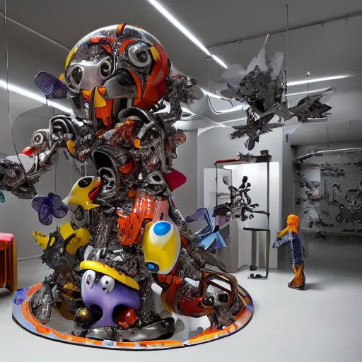 Prompt: dissection of angry ceramic toy Figure mechabot transformer sculpture, in a Studio hollow, surrounded by flying parts, by jeff koons, blender, by jonathan ive, by david lachapelle, simulation