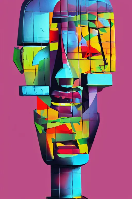 Image similar to cubist moai statue cutout digital illustration cartoon colorful beeple