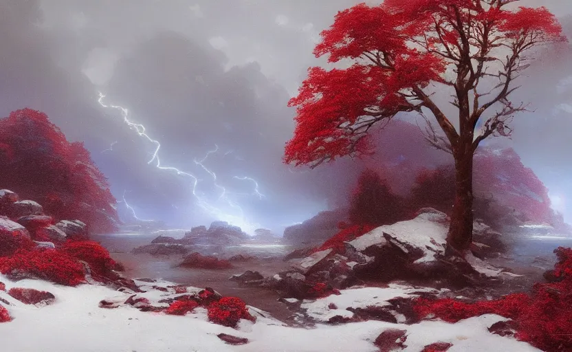 Image similar to A beautiful oil painting of a rocky valley covered in snow, trees with red leaves, thunderstorm in the sky, blue lighting, gloomy, atmospheric lighting, detailed, by greg rutkowski, trending on artstation