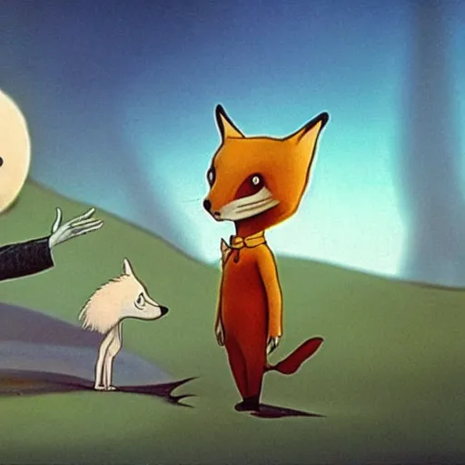 Image similar to the little prince talking to the fox, the nightmare before christmas art style, movie shot