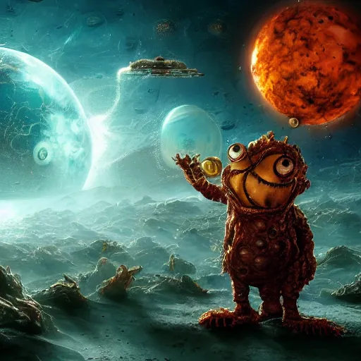 Prompt: one eldritch horror bloody garfield in space, galaxy, hd, 8 k, explosions, gunfire, lasers, giant, epic, realistic photo, unreal engine, stars, prophecy, powerful, cinematic lighting, destroyed planet, debris, movie poster, violent, sinister, ray tracing, dynamic, print, epic composition, dark, horrific, tentacles, teeth