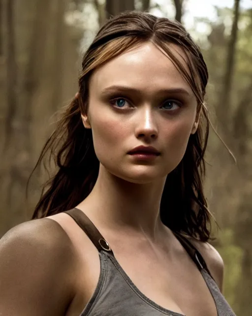 Image similar to bella heathcote as lara croft, golden hour, cinematic