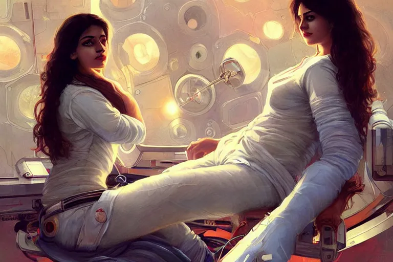 Prompt: Sensual good looking pale young Indian doctors wearing jeans in a space station above Earth performing surgery, portrait, elegant, intricate, digital painting, artstation, concept art, smooth, sharp focus, illustration, art by artgerm and greg rutkowski and alphonse mucha