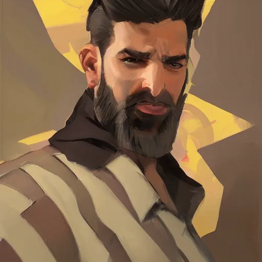 Prompt: greg manchess portrait painting of a young ducktail bearded middle eastern american male as overwatch character, medium shot, asymmetrical, profile picture, organic painting, sunny day, matte painting, bold shapes, hard edges, street art, trending on artstation, by huang guangjian and gil elvgren and sachin teng