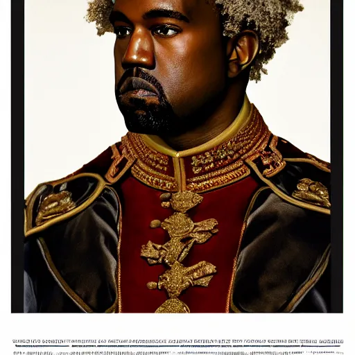 Prompt: Portrait of Kanye West as emperor napoleon, splash art, cinematic lighting, dramatic, octane render, long lens, shallow depth of field, bokeh, anamorphic lens flare, 8k, hyper detailed, 35mm film grain