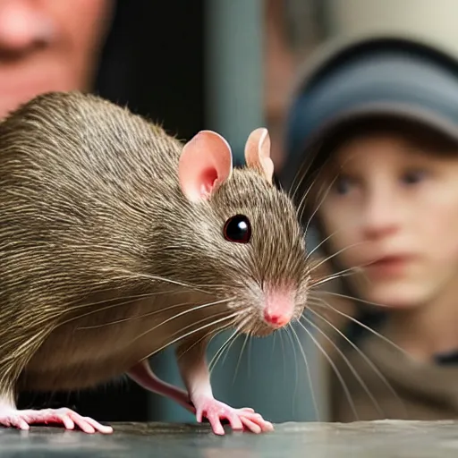 Prompt: variety - first picture of live action ratatouille shows tom holland with a real live rat on his chef's hat ( eos 5 ds r, iso 1 0 0, f / 8, 1 / 1 2 5, 8 4 mm, postprocessed, bokeh )