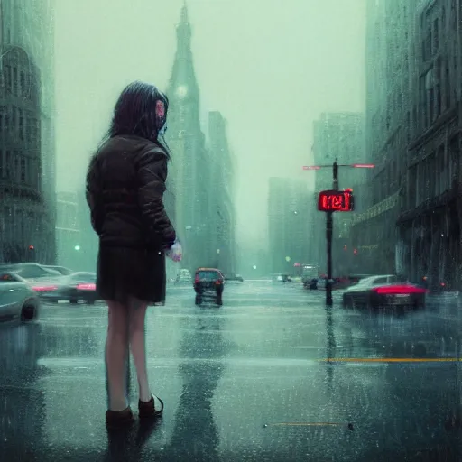 Image similar to detailed intricate digital illustration by greg rutkowski and artgerm and wlop and sanford robinson gifford and annie leibovitz ; girl standing in windy rainy city street, long exposure light streaks from car lights ; 1 3 mm film, cinestill 8 0 0 t, arri alfa anamorphic lens ; sharp focus ; trending on artstation 8 k close view