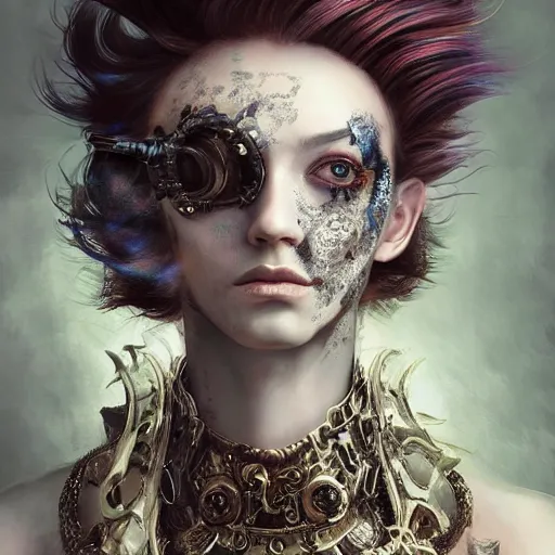 Image similar to portrait, headshot, insanely nice professional hair style, dramatic hair color, digital painting, of a old 17th century, old cyborg merchant, amber jewels, baroque, ornate clothing, scifi, realistic, hyperdetailed, chiaroscuro, concept art, art by Franz Hals and Jon Foster and Ayami Kojima and Amano and Karol Bak,