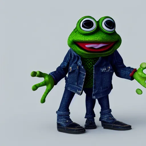 Image similar to perfectly accurate miniature figure of pepe the frog wearing jeans and a black leather jacket, soft textures, skin texture, clothing, 3d sculpture, textured, fine detail, lifelike, photo, high resolution, octane render, post processing, after effects, trending on artstation