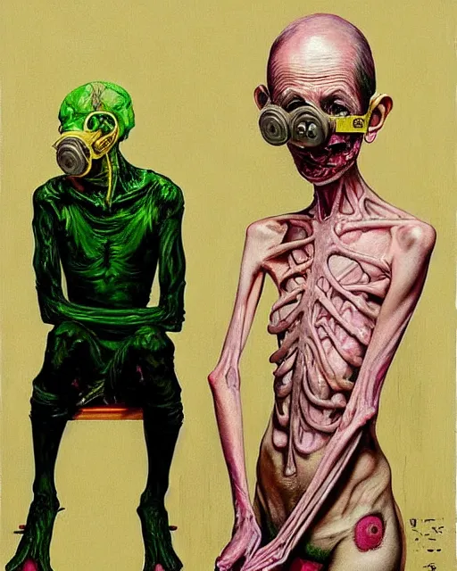 Image similar to two skinny old people with extra limbs, wearing gas masks and robes of gold, green and pink, cinematic, dystopian, eerie, horror, gothic, highly detailed painting by Jenny Saville, Esao Andrews, Francis Bacon, !!!Edward Hopper!!! surrealism, art by Takato Yamamoto and James Jean