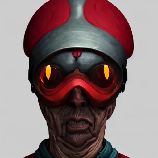 Prompt: a withered humanoid, wearing a round helmet, wearing red eye visor covering eyes, futuristic, industrial sci fi, artstation