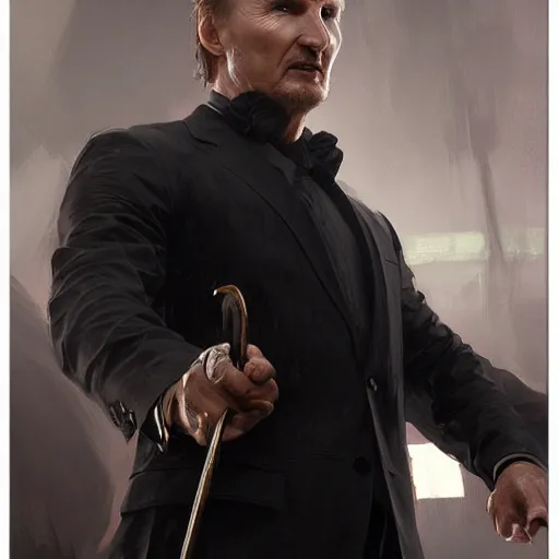 Prompt: portrait of Liam Neeson doing a throat chop, black suit, fantasy, intricate, elegant, realistic, highly detailed, digital painting, artstation, concept art, smooth, sharp focus, illustration, art by artgerm and greg rutkowski and alphonse mucha