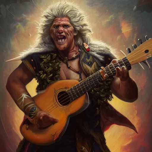 Image similar to detailed photo of a Half-orc bard portrayed by Gary Busey playing a lute, 8k,by Tristan Eaton, Stanley Artgermm, Tom Bagshaw, Greg Rutkowski, Carne Griffiths, trending on DeviantArt, face enhance, hyper detailed ,full of color, dramatic lightning, epic stance