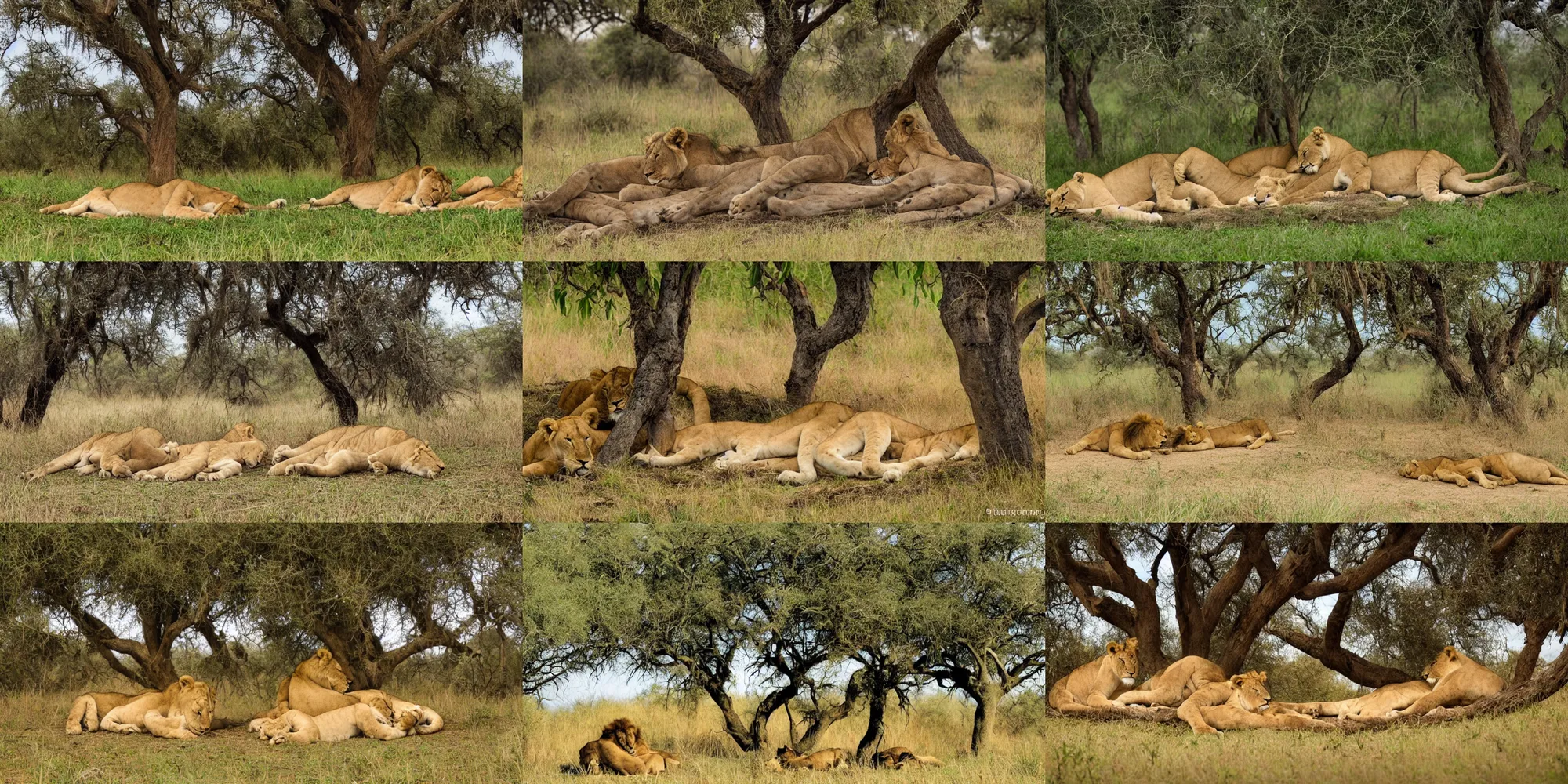 Prompt: two lionesses sleeping under a tree in the savannah